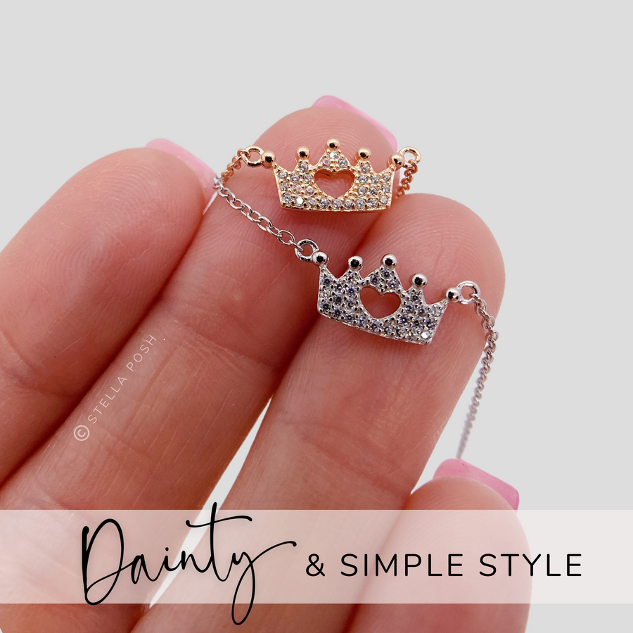 .925 silver Tiny Princess Crown Necklaces with premium cubic zirconias, in gold and silver.