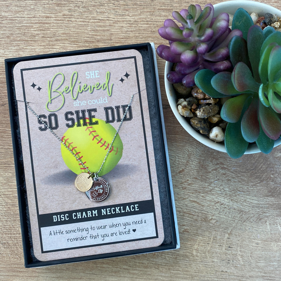  Dainty Softball Charm Necklace with 14K Gold plated or Rhodium plated 'Softball' charm, and 'She believed she could so she did' charm.