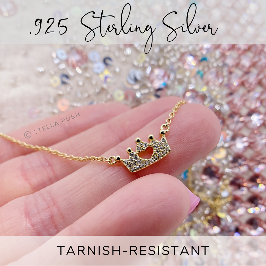.925 sterling silver Tiny Princess Crown Necklace with premium cubic zirconias.