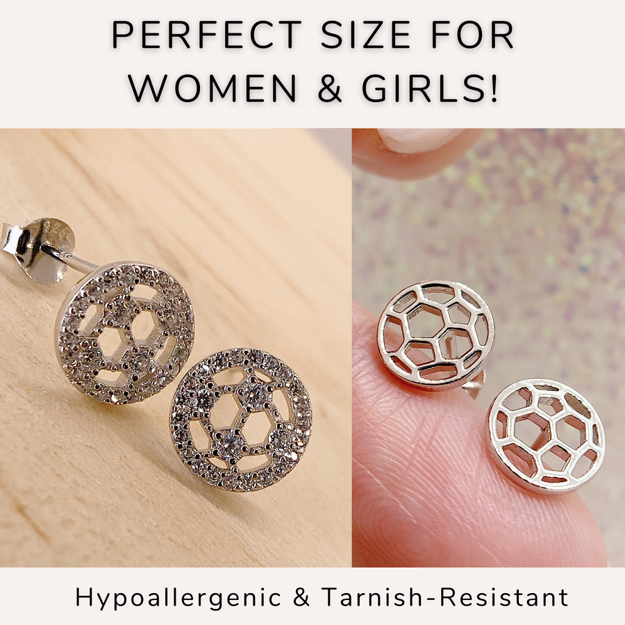 Tiny .925 Sterling Silver Soccer Earrings without and with premium cubic zirconia stones in a pavé setting, Perfect size for women and girls.