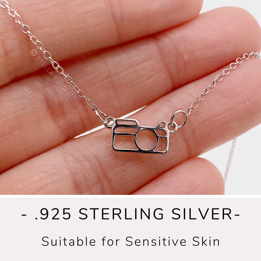 Dainty .925 sSterling Silver Camera Necklace, suitable for sensitive skin.