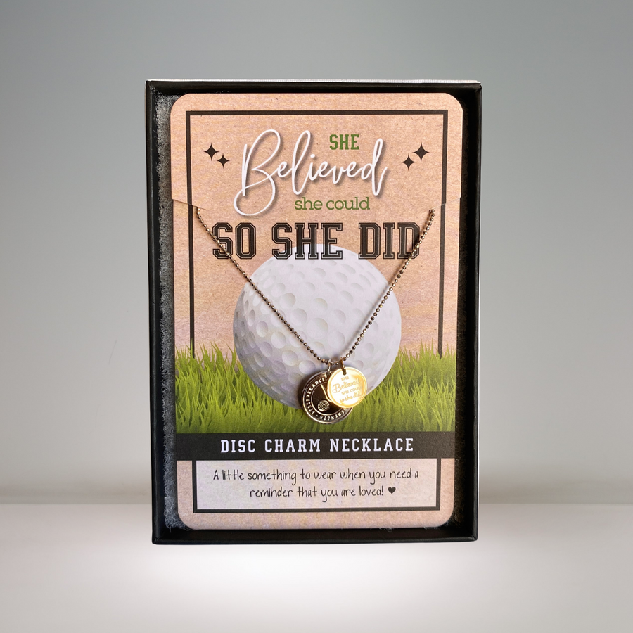 Dainty Golf Charm Necklace with 14K Gold plated or Rhodium plated 'Golf' charm, and 'She believed she could so she did' charm.