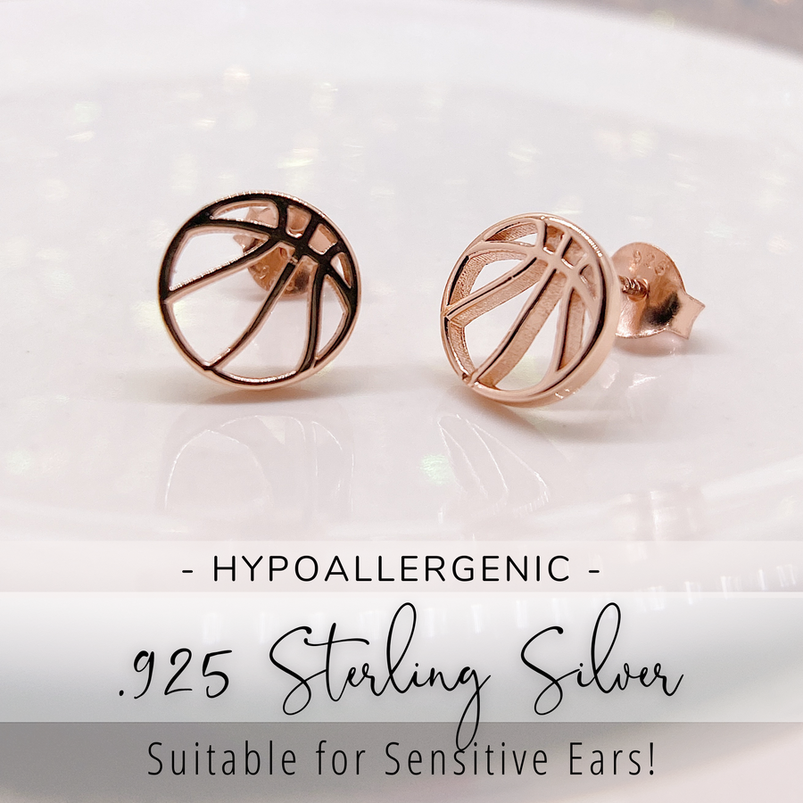 Dainty .925 Sterling Silver Basketball Earrings, plated with either 14K Gold, Rose Gold, or Rhodium, suitable for sensitive skin.