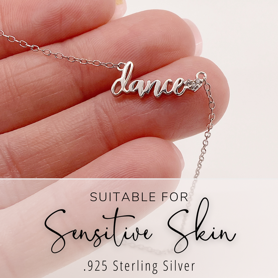 Tiny  .925  sterling silver Dance Necklace with premium cubic zirconias, suitable for sensitive skin.