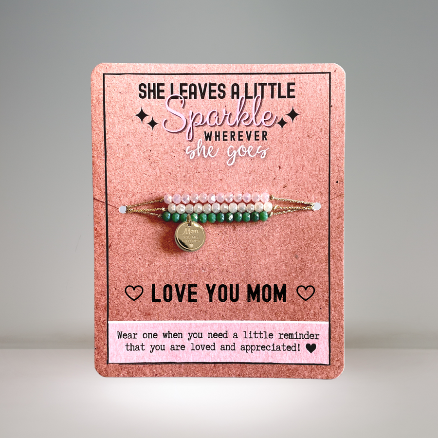 Love You Mom Charm Bracelet set with 14K Gold plated 'Mom You are so Loved' charm.