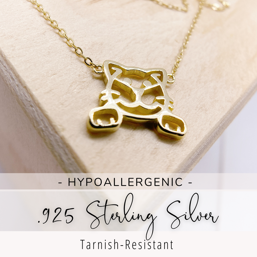 Dainty hypoallergenic .925 Sterling Silver Cat Necklace in gold.