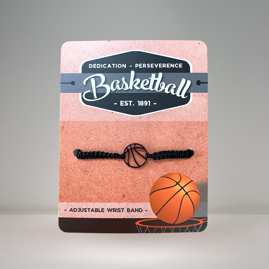 Unisex Basketball adjustable wristband, mounted and ready for gift giving.