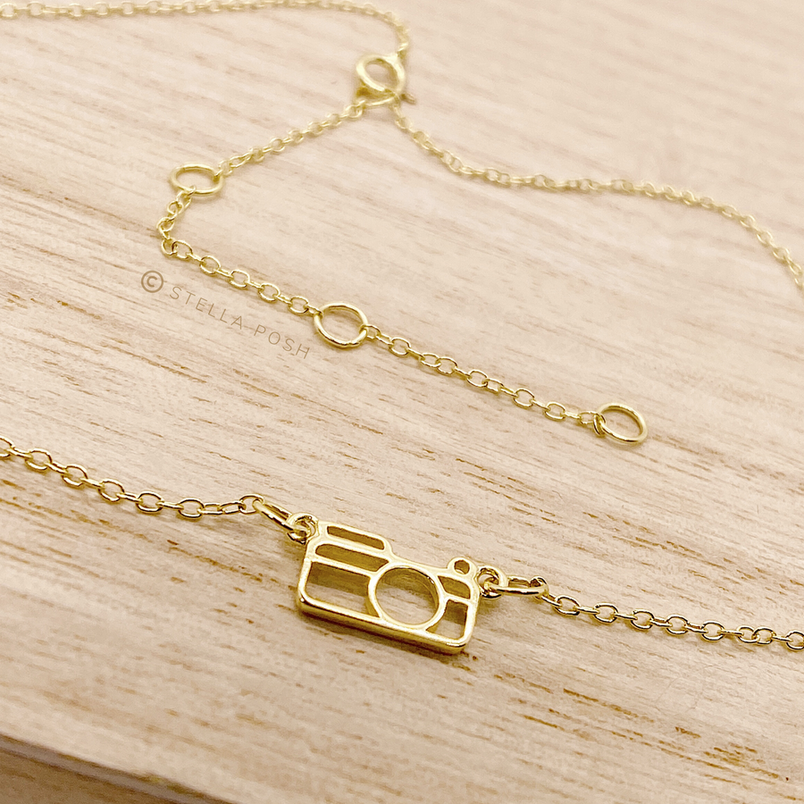 Dainty adjustable .925 Sterling Silver Camera Necklace in gold.