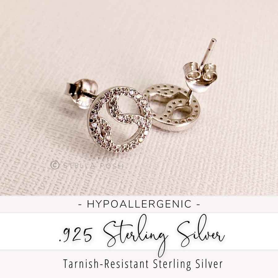 Tiny .925 Sterling Silver Tennis Earrings with premium cubic zirconia stones in a pavé setting, in either 14K Gold, Rose Gold, or Rhodium plated.