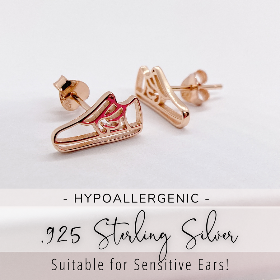 Dainty .925 Sterling Silver Running Shoe Earrings, 14K Gold, Rose Gold, or Rhodium plated.
