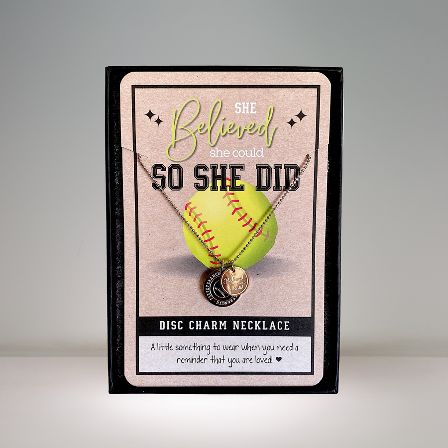 Dainty Softball Charm Necklace with 14K Gold plated or Rhodium plated 'Softball' charm, and 'She believed she could so she did' charm.