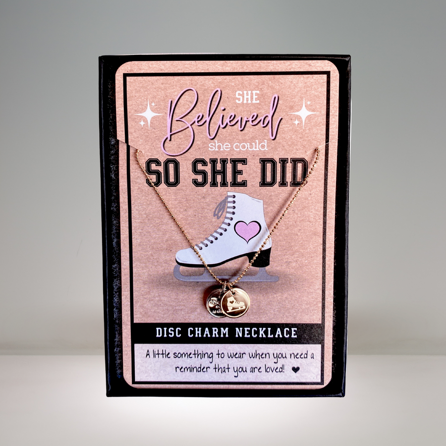 Dainty Ice Skate Charm Necklace with 14K Gold plated or Rhodium plated 'Ice Skate' charm, and 'She believed she could so she did' charm.