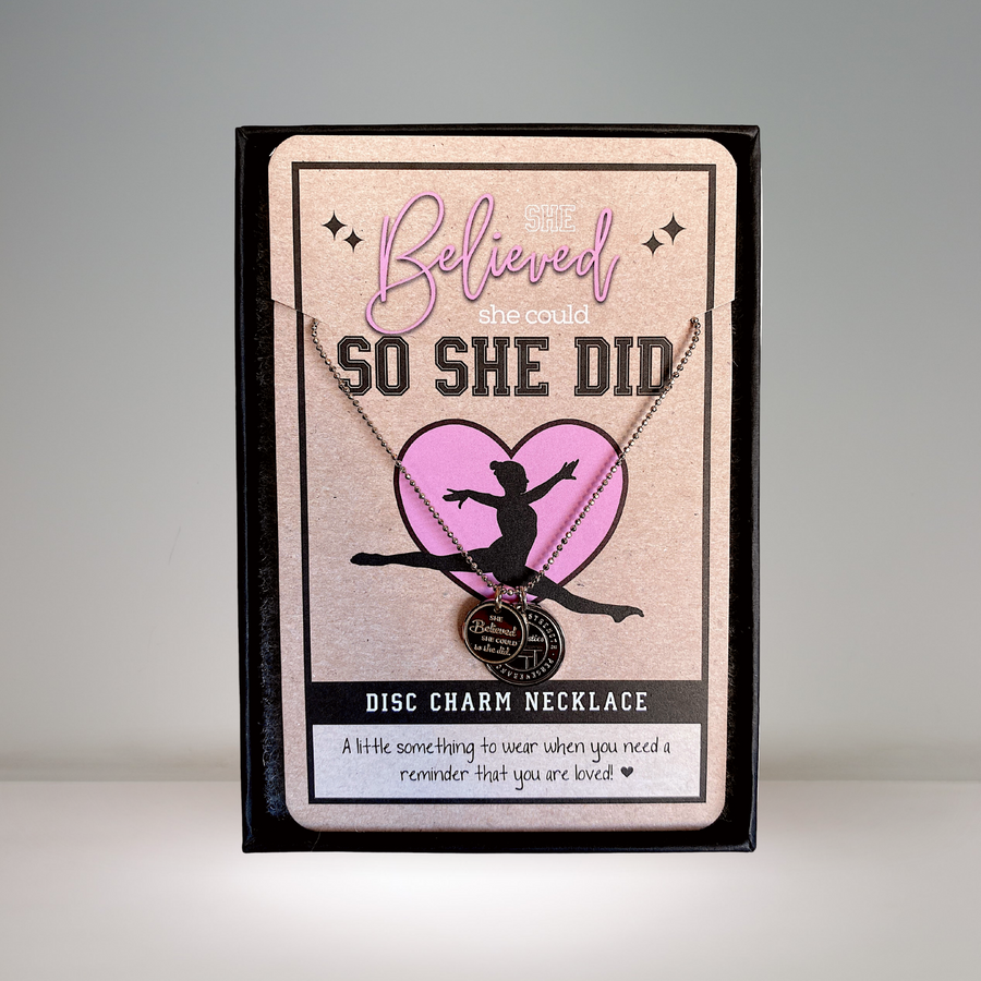 Dainty Gymnastics Charm Necklace with Gymnastic charm, and 'She believed she could so she did' charm.