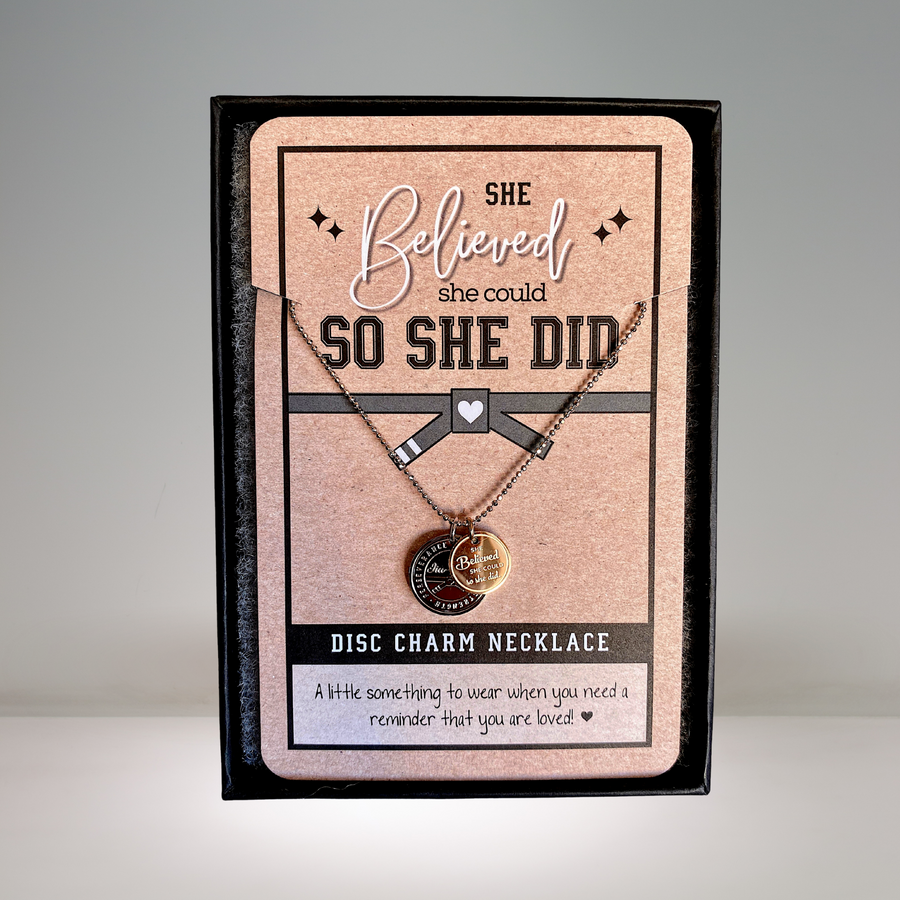 Jiu Jitsu Charm Necklace with 14K Gold plated or Rhodium plated 'Jiu Jitsu' charm, and 'She believed she could so she did' charm.