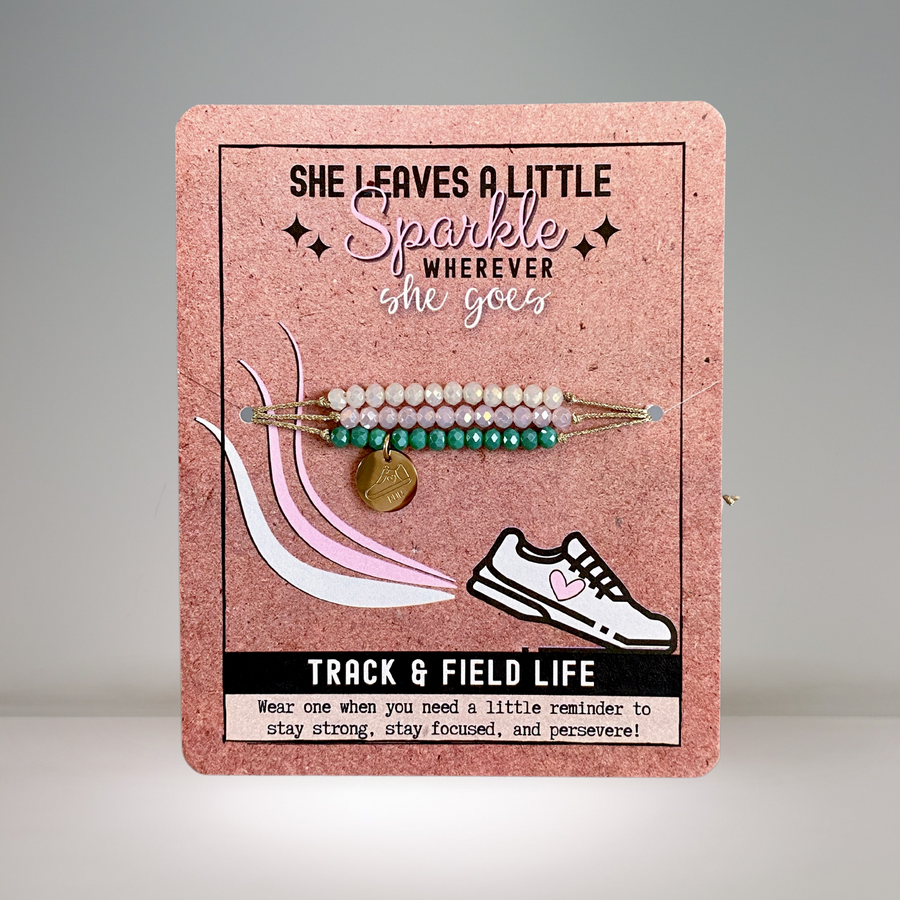 Track and Field Life Charm Bracelet Set with 14K Gold plated 'Run Shoe' charm.