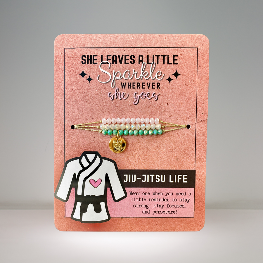 Jiu Jitsu Life Charm Bracelet Set with 14K Gold plated 'BJJ girl' charm.