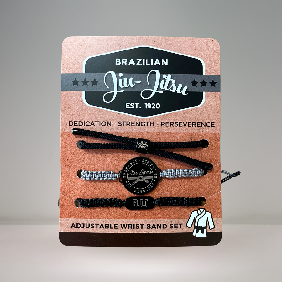 Jiu Jitsu  adjustable unisex wristbands, mounted and ready for gift giving.