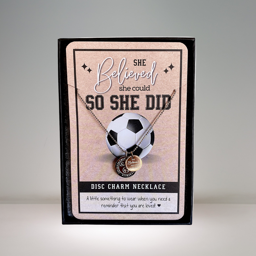 Dainty Soccer Charm Necklace with 14K Gold plated or Rhodium plated 'Soccer' charm, and 'She believed she could so she did' charm.