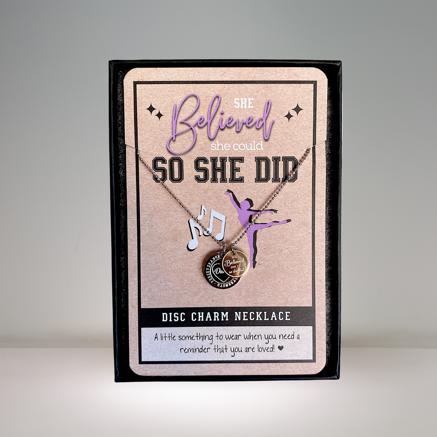 Dainty Dance Charm Necklace 14K Gold plated or Rhodium plated 'Dance' charm, and 'She believed she could so she did' charm.
