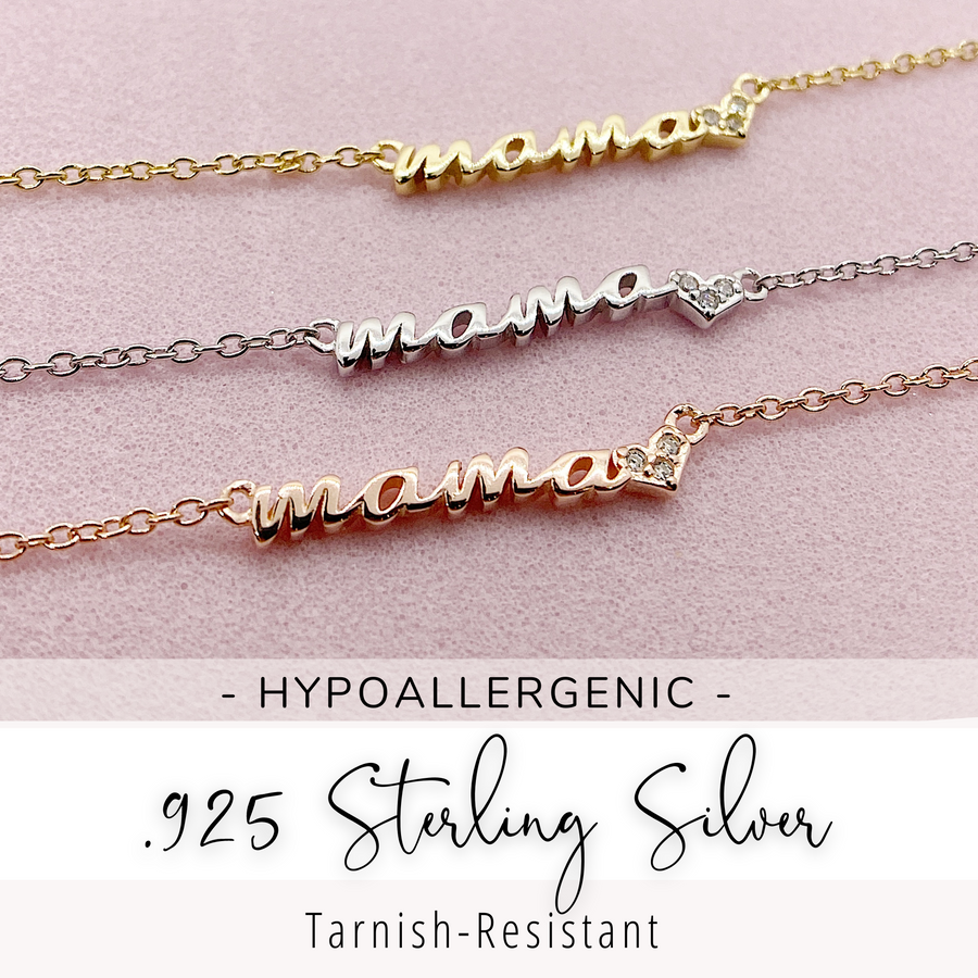 Dainty Mama .925 sterling silver necklaces with premium cubic zirconias in gold, silver, and rose gold.