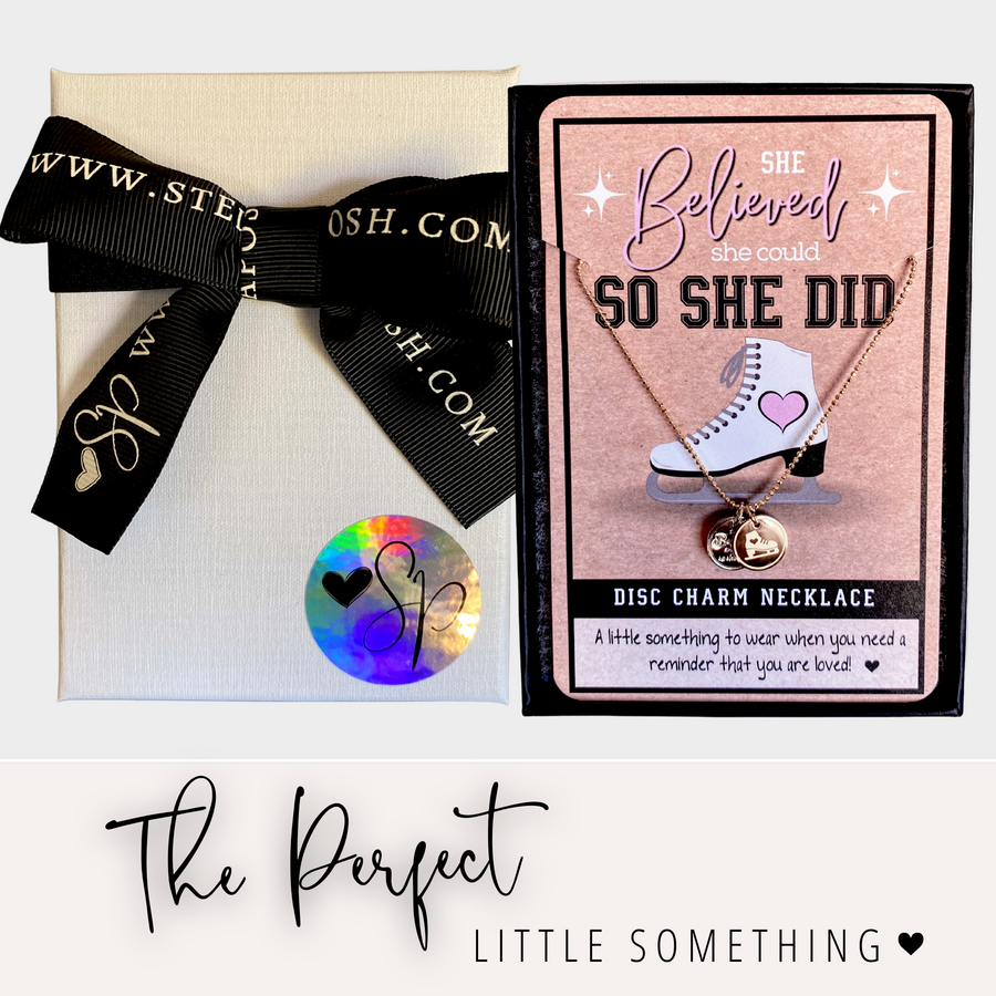 Dainty Ice Skate Charm Necklace with 14K Gold plated or Rhodium plated 'Ice Skate' charm, and 'She believed she could so she did' charm, with gift-ready packaging, 'The Perfect little something!'