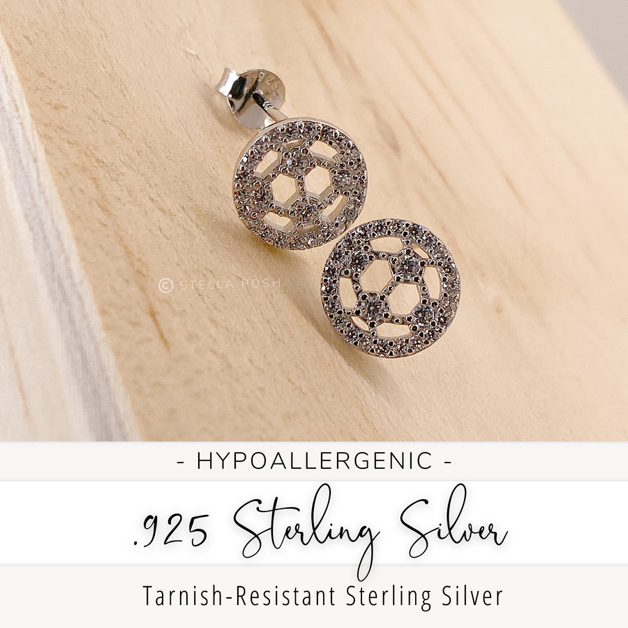 Tiny .925 Sterling Silver Soccer Earrings with premium cubic zirconia stones in a pavé setting.