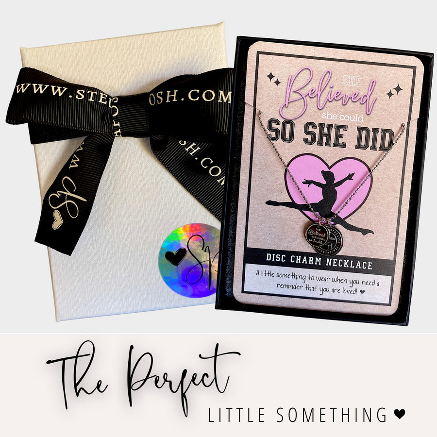 Dainty Gymnastics Charm Necklace with Gymnastic charm, and 'She believed she could so she did' charm, with gift-ready packaging, 'The Perfect little something!'