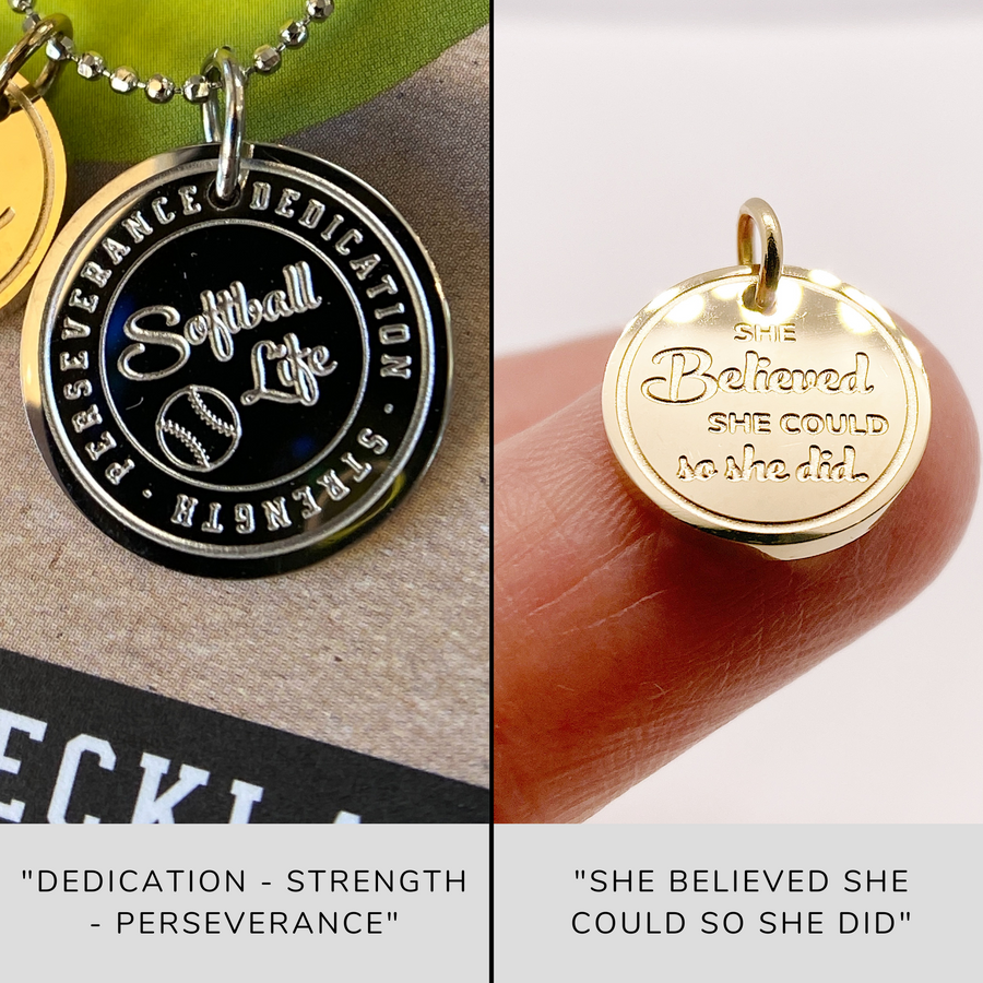  Dainty Softball Charm Necklace with 14K Gold plated or Rhodium plated 'Softball' charm, and 'She believed she could so she did' charm.