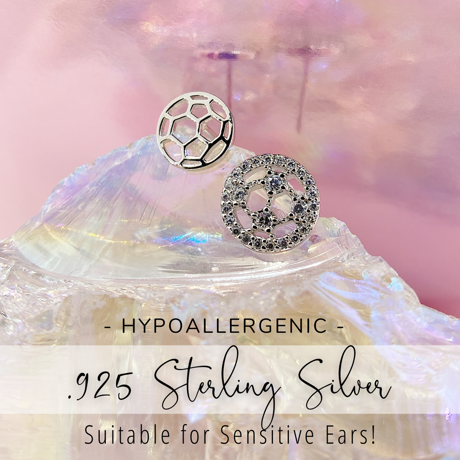 Tiny .925 Sterling Silver Soccer Earrings without and with premium cubic zirconia stones in a pavé setting, hypoallergenic and suitable for sensitive ears.
