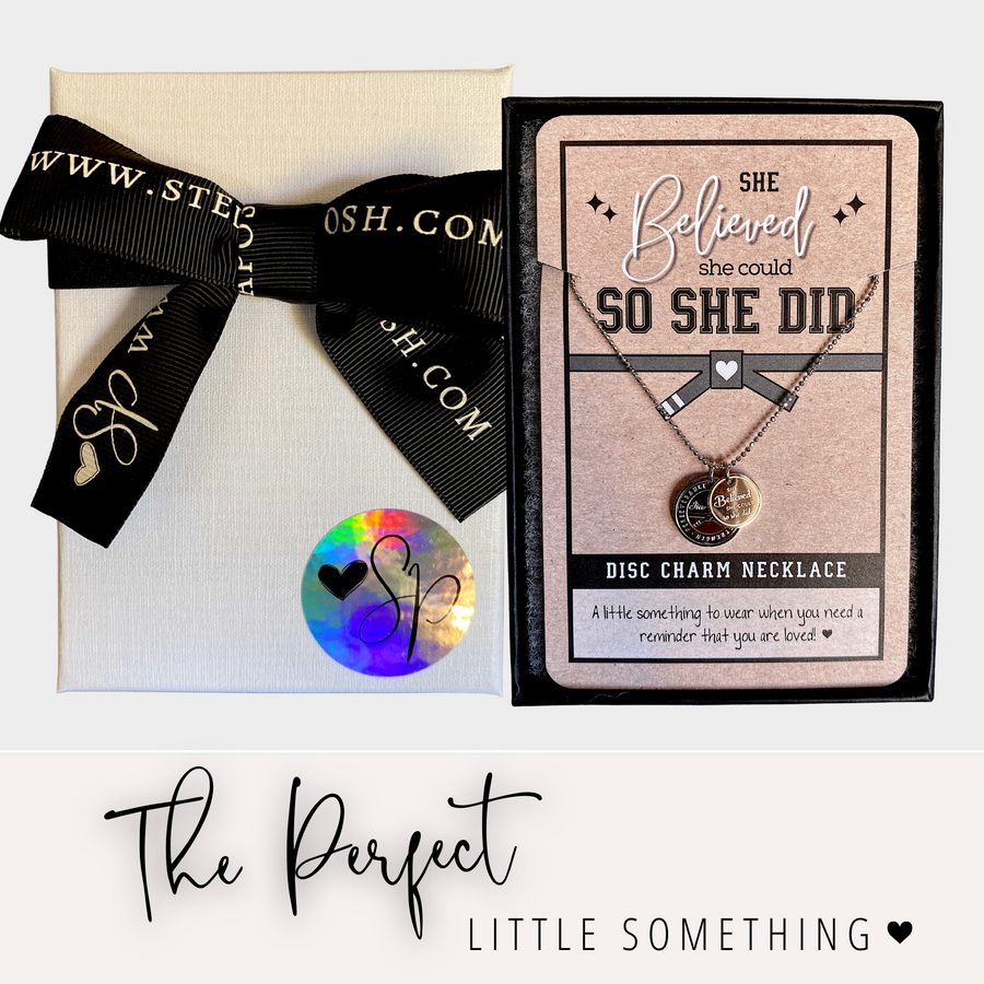 Jiu Jitsu Charm Necklace with 14K Gold plated or Rhodium plated 'Jiu Jitsu' charm, and 'She believed she could so she did' charm, with gift-ready packaging, 'The Perfect little something!'