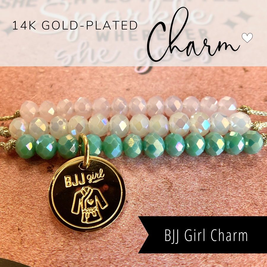 Jiu Jitsu Life Charm Bracelet Set with 14K Gold plated 'BJJ girl' charm.