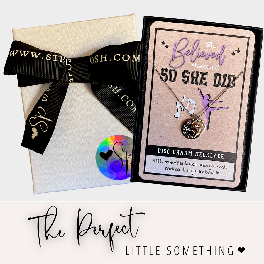 Dainty Dance Charm Necklace with 14K Gold plated or Rhodium plated 'Dance' charm, and 'She believed she could so she did' charm, with gift-ready packaging, 'The Perfect little something!'