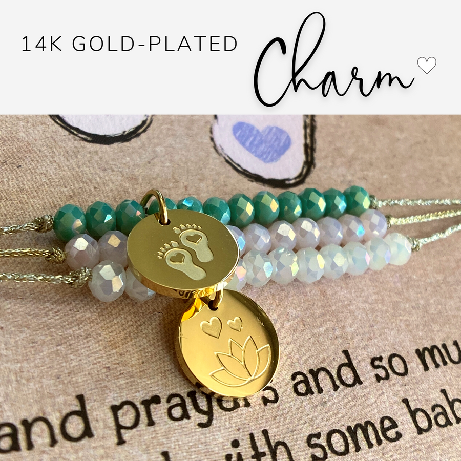 Fertility Wish Charm Bracelet Set with 14K Gold plated 'Little Feet' and 'Lotus Blossom' charms.