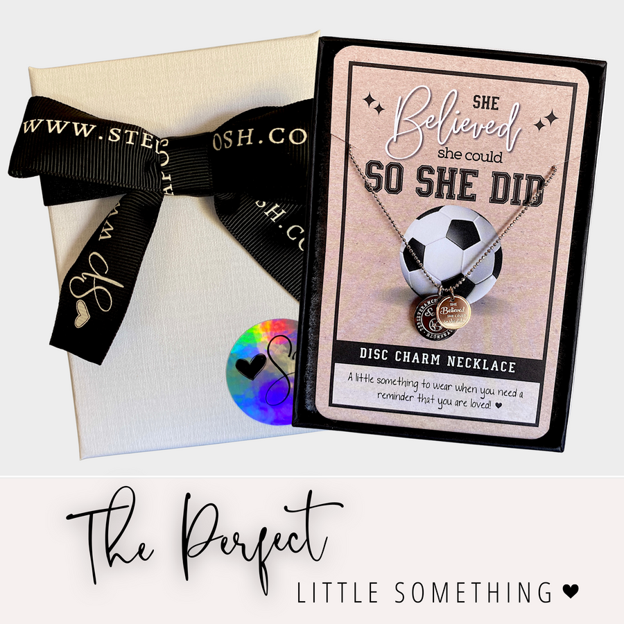 Dainty Soccer Charm Necklace with 14K Gold plated or Rhodium plated 'Soccer' charm, and 'She believed she could so she did' charm, with gift-ready packaging, 'The Perfect little something!'