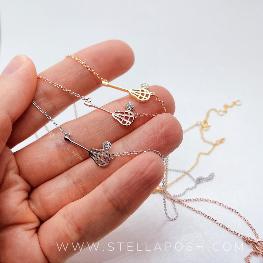 .925 silver Tiny Lacrosse Necklaces with premium cubic zirconias, in silver, gold, and rose gold.
