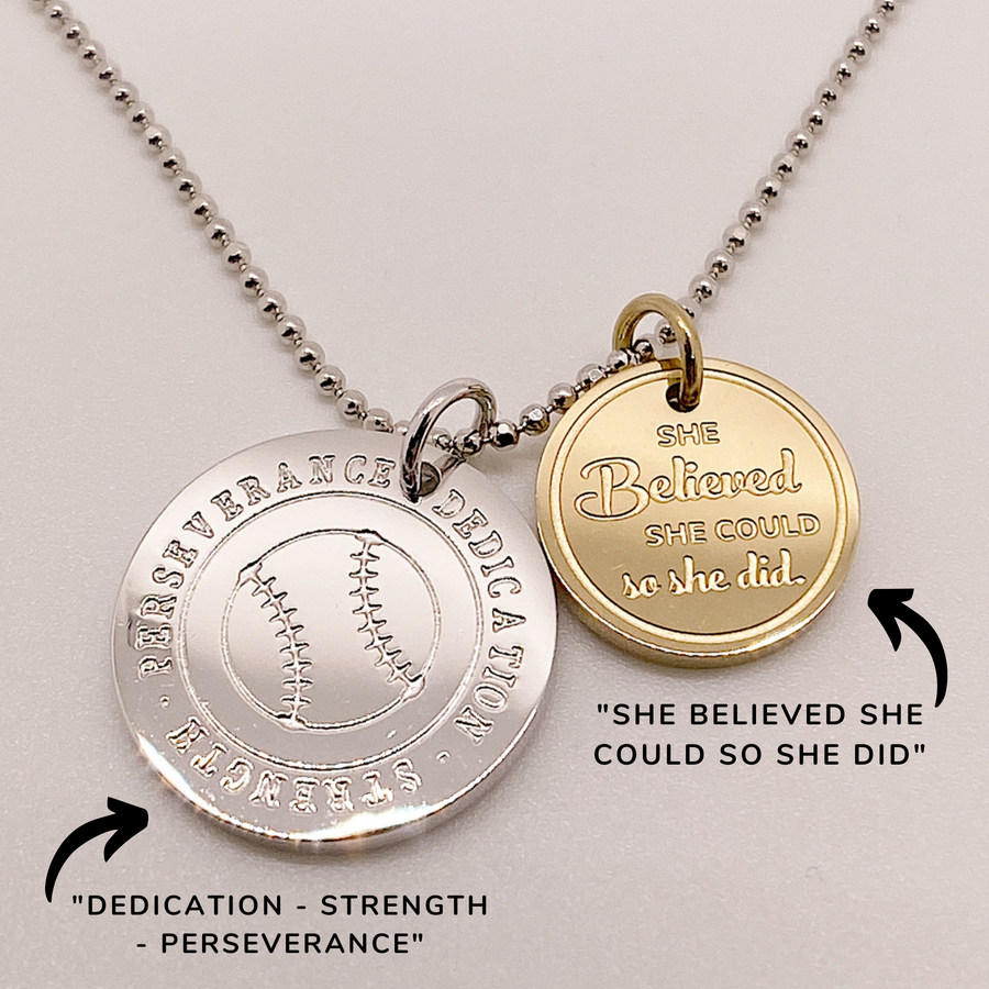 Baseball Life Charm Necklace with 14K Gold plated or Rhodium plated 'Baseball' charm, and 'She believed she could so she did' charm, on a .925 sterling silver chain, either 14K Gold plated or Rhodium plated.