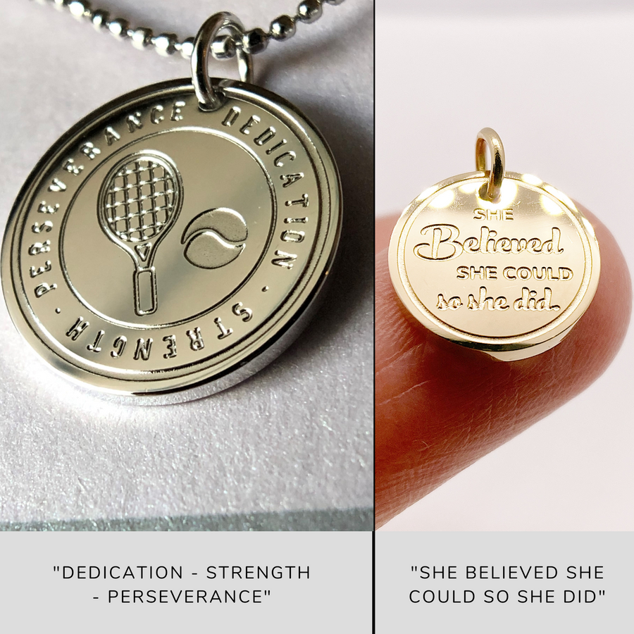 Dainty Tennis Charm Necklace with 14K Gold plated or Rhodium plated 'Tennis' charm, and 'She believed she could so she did' charm.