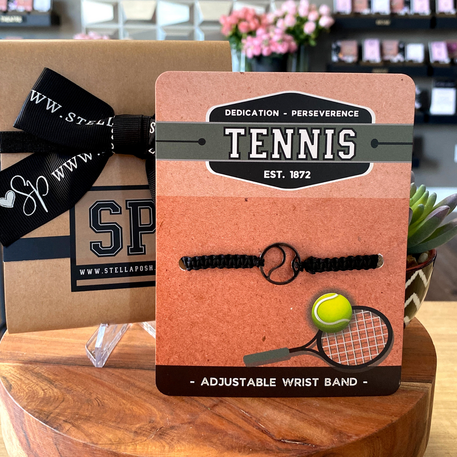 Tennis adjustable unisex wristband, mounted and ready for gift giving.