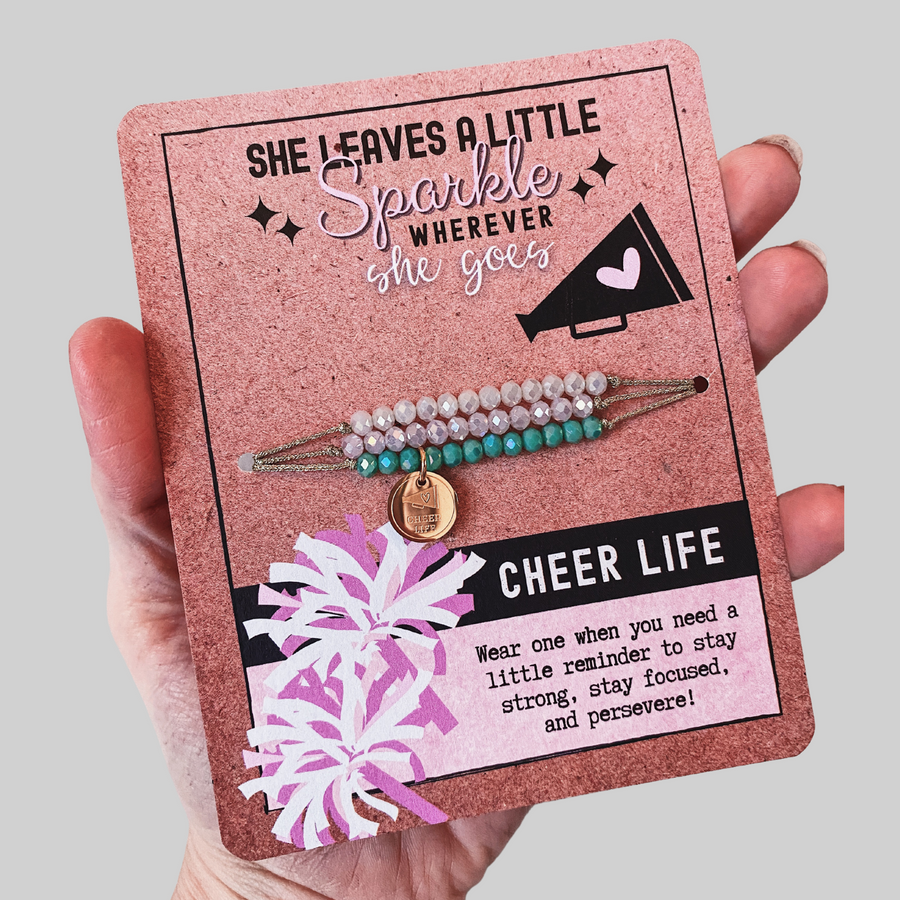Cheer Life Charm Bracelet Set with 14K Gold plated 'Cheer Life' charm.