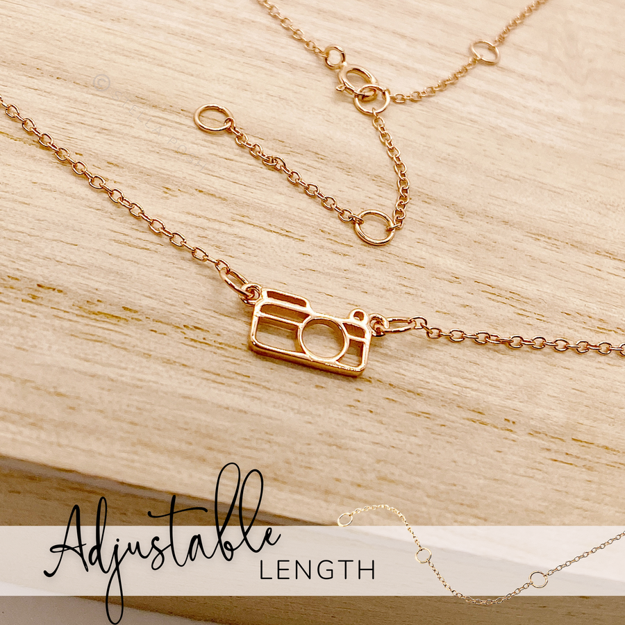 Dainty adjustable .925 Sterling Silver Camera Necklace in rose gold.