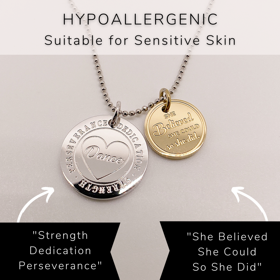 Dainty hypoallergenic Dance Charm Necklace 14K Gold plated or Rhodium plated 'Dance' charm, and 'She believed she could so she did' charm, on a .925 sterling silver chain, either 14K Gold plated or Rhodium plated.