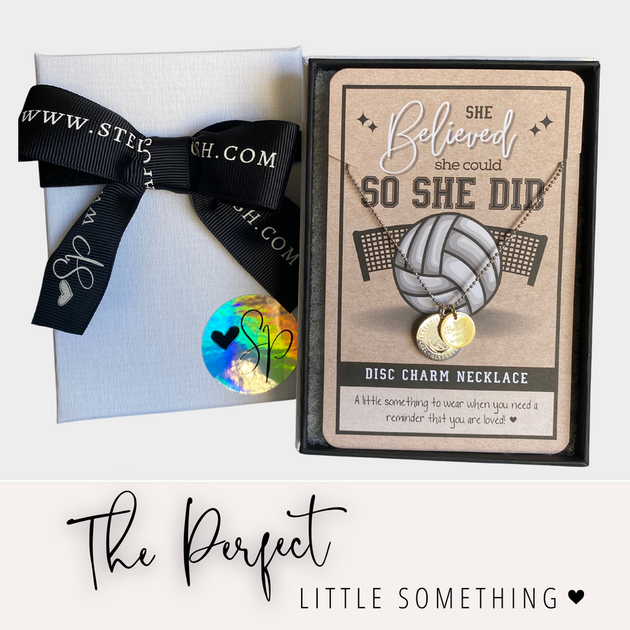 Adjustable length Dainty Volleyball Charm Necklace with 14K Gold plated or Rhodium plated 'Volleyball' charm, and 'She believed she could so she did' charm, with gift-ready packaging, 'The Perfect little something!'