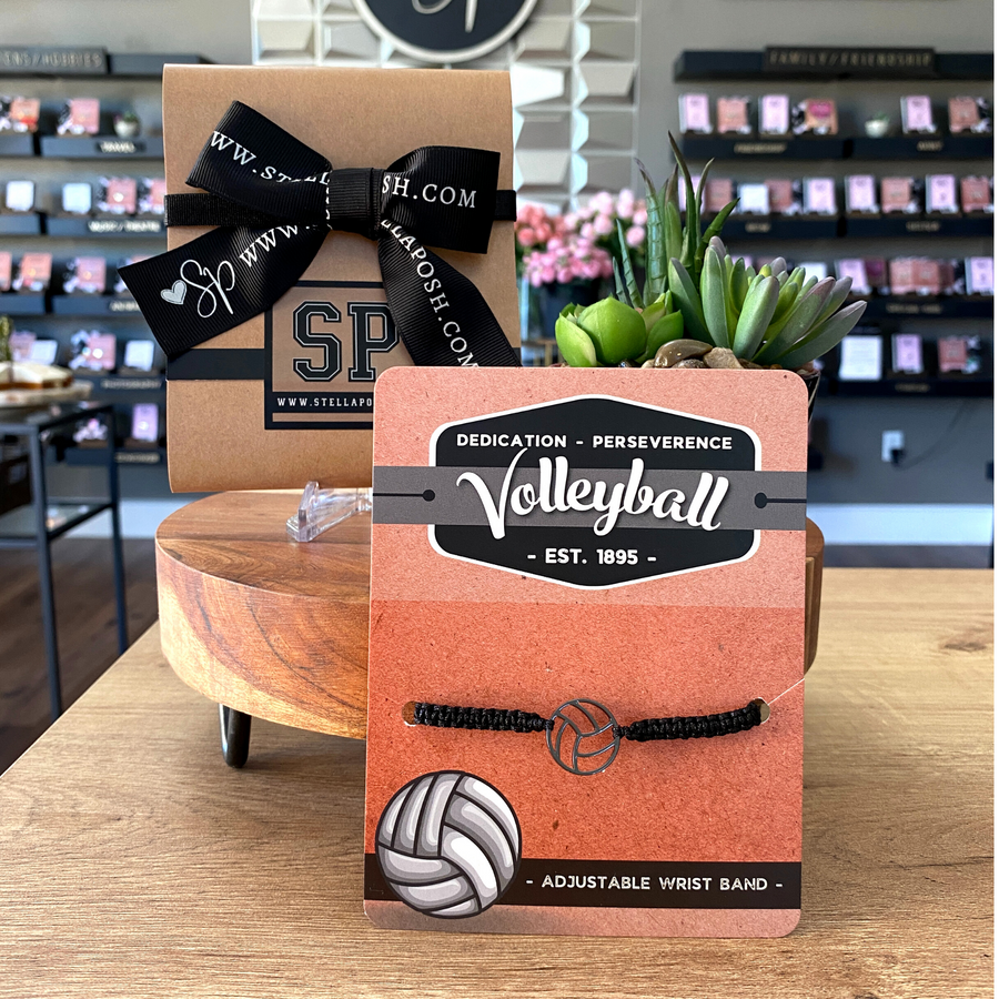 Volleyball adjustable unisex wristband, mounted and ready for gift giving.