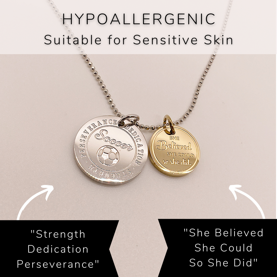 Dainty hypoallergenic Soccer Charm Necklace with 14K Gold plated or Rhodium plated 'Soccer' charm, and 'She believed she could so she did' charm.