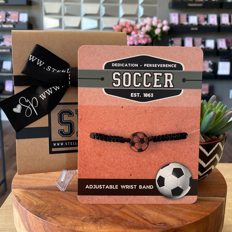 Soccer adjustable unisex wristband, mounted and ready for gift giving.