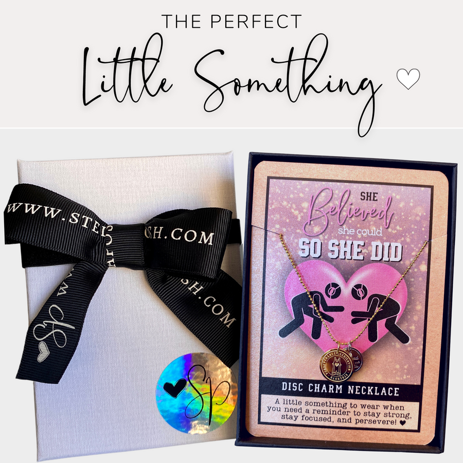 Adjustable length Dainty Wrestling Charm Necklace with 14K Gold plated or Rhodium plated 'Westling' charm, and 'She believed she could so she did' charm, with gift-ready packaging, 'The Perfect little something!'