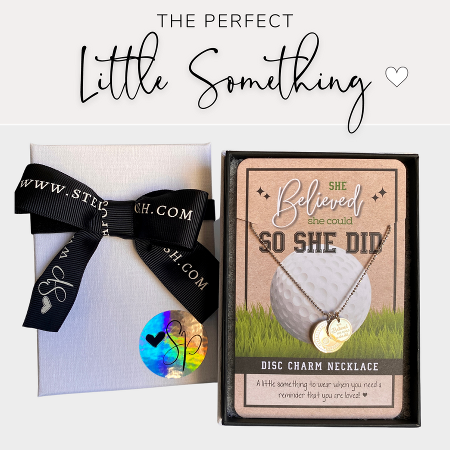 Dainty Golf Charm Necklace with Golf charm, and 'She believed she could so she did' charm, with gift-ready packaging, 'The Perfect little something!'
