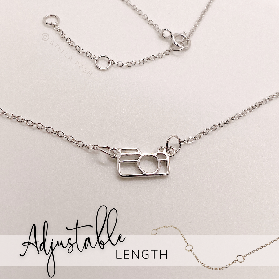 Dainty adjustable length .925 Sterling Silver Camera Necklace..