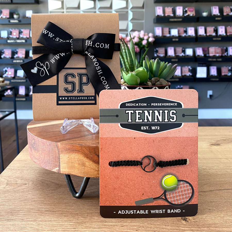 Tennis adjustable unisex wristband, mounted and ready for gift giving.