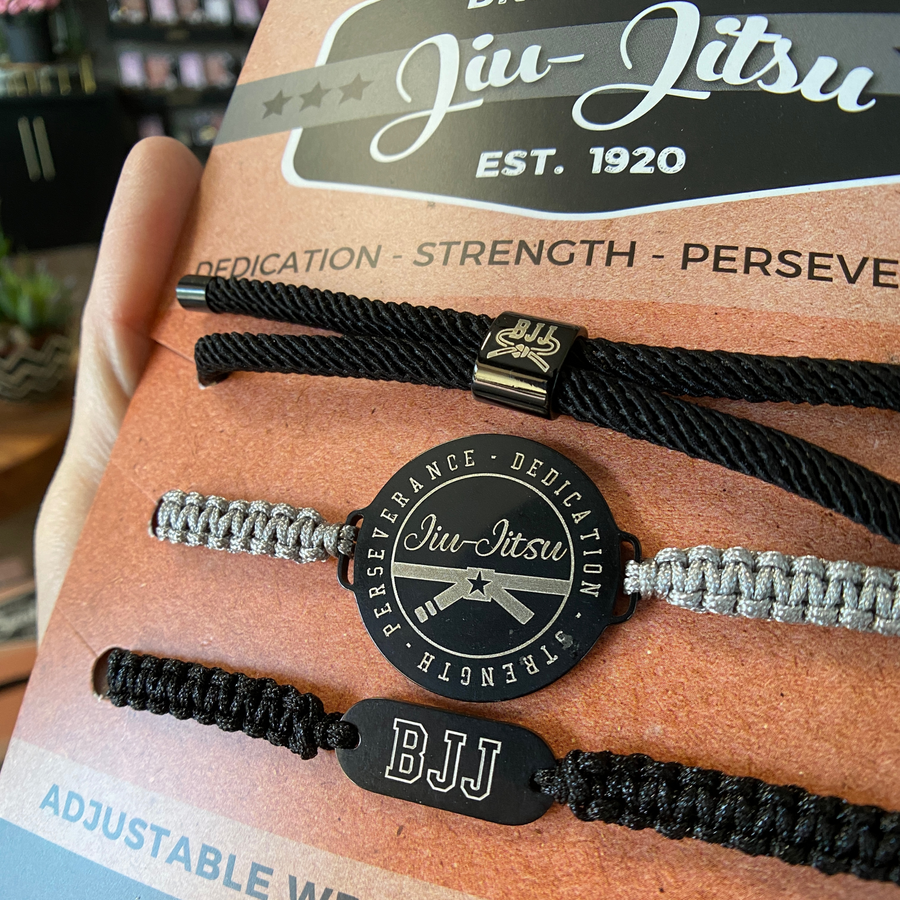 Jiu Jitsu  adjustable unisex wristbands set, mounted and ready for gift giving.